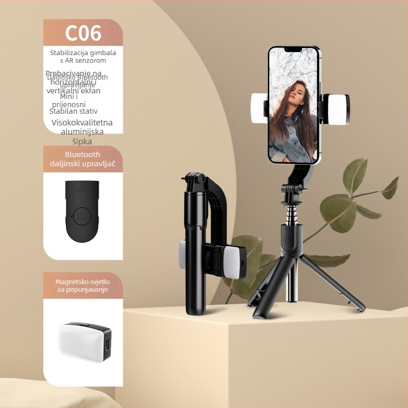 Selfiecom C06 jednostrani stabilizator s tripodom, Bluetooth daljinskim upravljačem, magnetsko svjetlo za dopunu i pan-tilt gimbalom za telefon za prijenos uživo