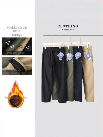 Muške hlače za outdoor s flis podstavom, tople i udobne, novi jesensko-zimski stil, cargo hlače s 3D trokutnim logom, ravni kroj
