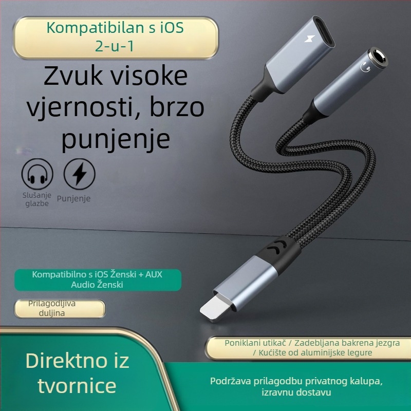 Kabel za slušalice, adapter, 3.5 mm, pozlaćen, jezgro od cinkirano bakrene žice, kompatibilan s Apple iPhone 12, RoHS certifikat