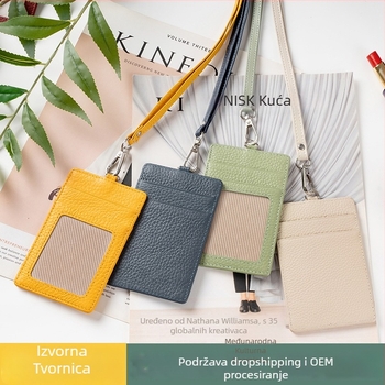 Držač za identifikacijsku karticu s kaišem, od prave kože (prvi sloj teleće kože), 4 pretinaci za kartice, poliester podstava, lako izvlačenje kartice, unisex, Modern Paul