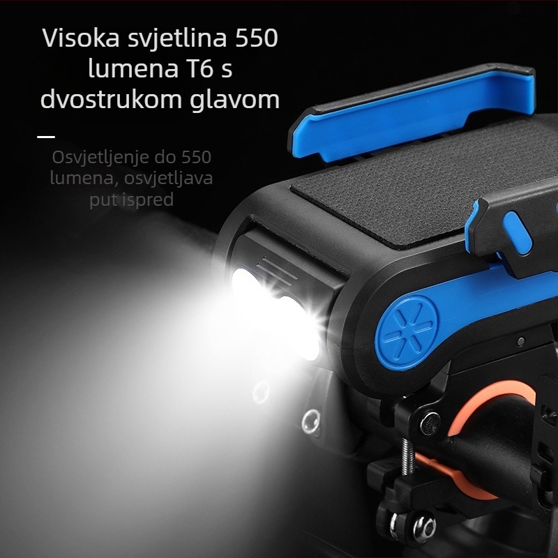 USB napajano svjetlo za bicikl s četiri u jednoj funkciji: nosač za glavu, klakson i dvostruka svjetla za noćnu vožnju