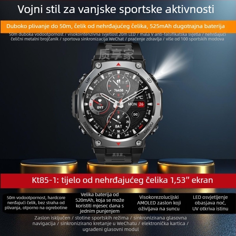 Anxunda pametni sat s mjerenjem srčane frekvencije, brojanjem koraka i fotografiranjem; trajanje baterije manje od 7 dana; kućište od anodiziranog aluminija