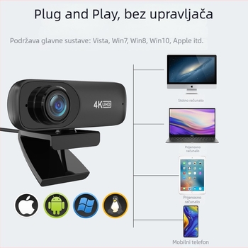 HD webkamera 4K (3840x2160) USB 2.0 Plug-and-Play s ugrađenim mikrofonom, fiksni fokus