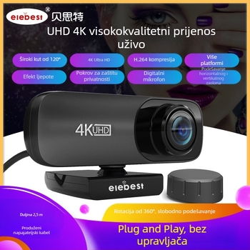 HD webkamera 4K (3840x2160) USB 2.0 Plug-and-Play s ugrađenim mikrofonom, fiksni fokus