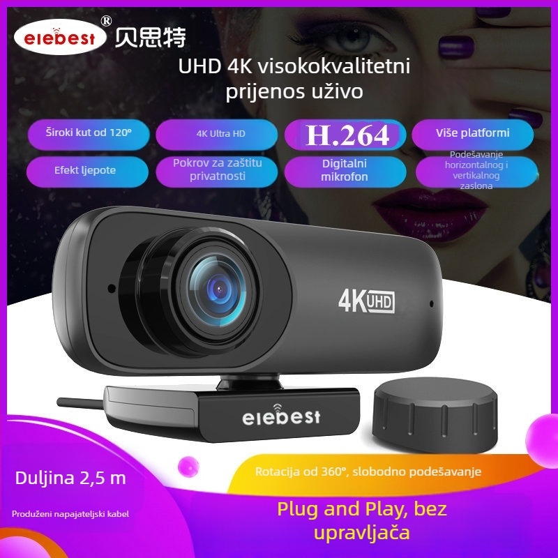 HD webkamera 4K (3840x2160) USB 2.0 Plug-and-Play s ugrađenim mikrofonom, fiksni fokus