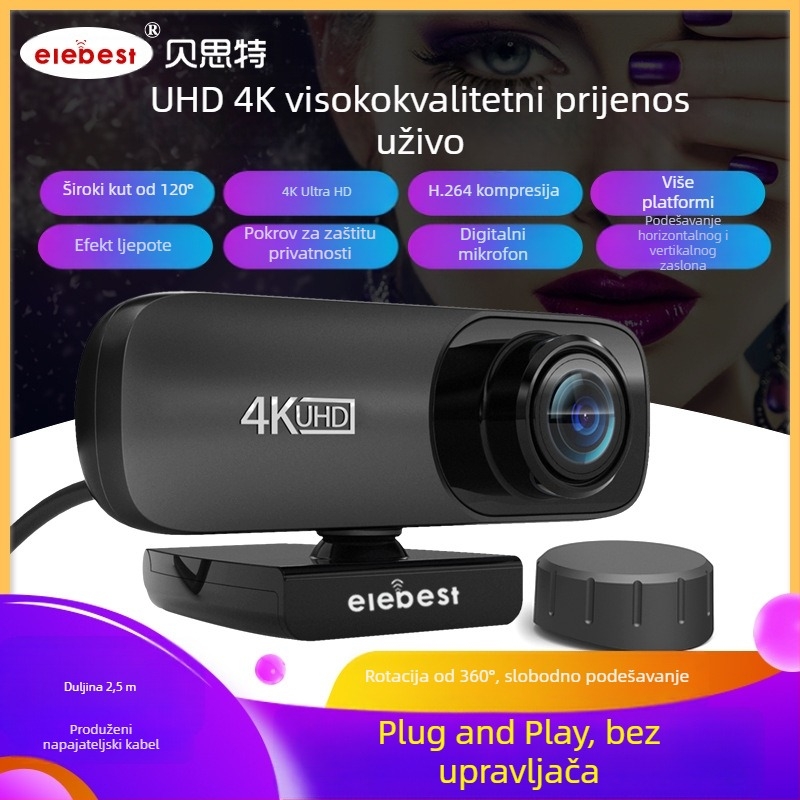 HD webkamera 4K (3840x2160) USB 2.0 Plug-and-Play s ugrađenim mikrofonom, fiksni fokus