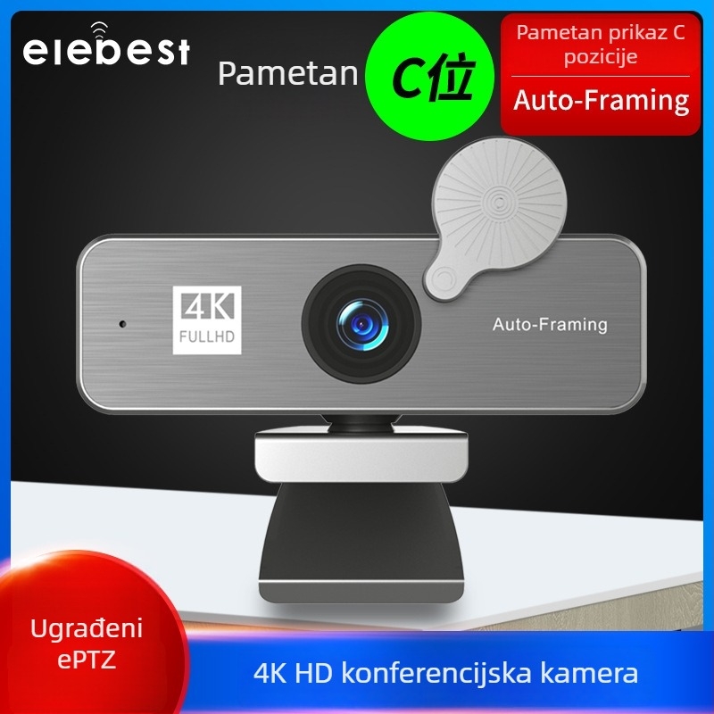 HD webkamera 4K (3840x2160) USB 2.0 Plug-and-Play s ugrađenim mikrofonom, fiksni fokus
