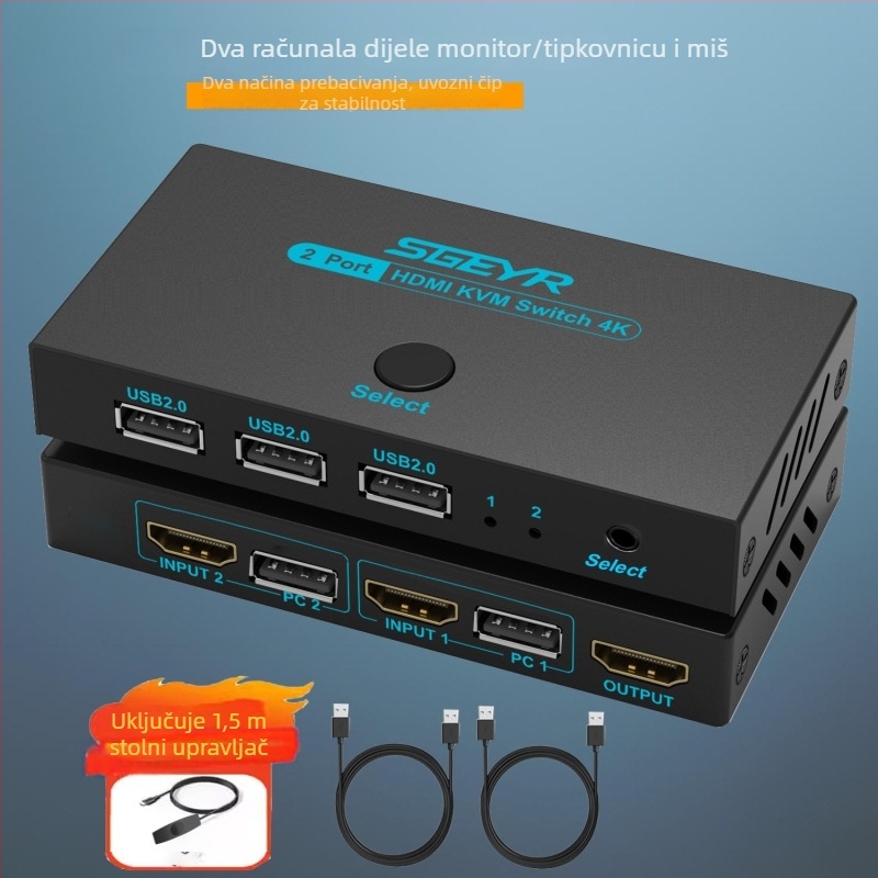 KVM prekidač, 2 ulaza, 4 izlaza HDMI, USB dijeljeno za tipkovnicu, miš i pisač, 4K, Windows kompatibilan, SG-U304