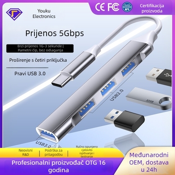 Type-C USB proširivački dok s 4 porta, USB 2.0, napajan putem USB
