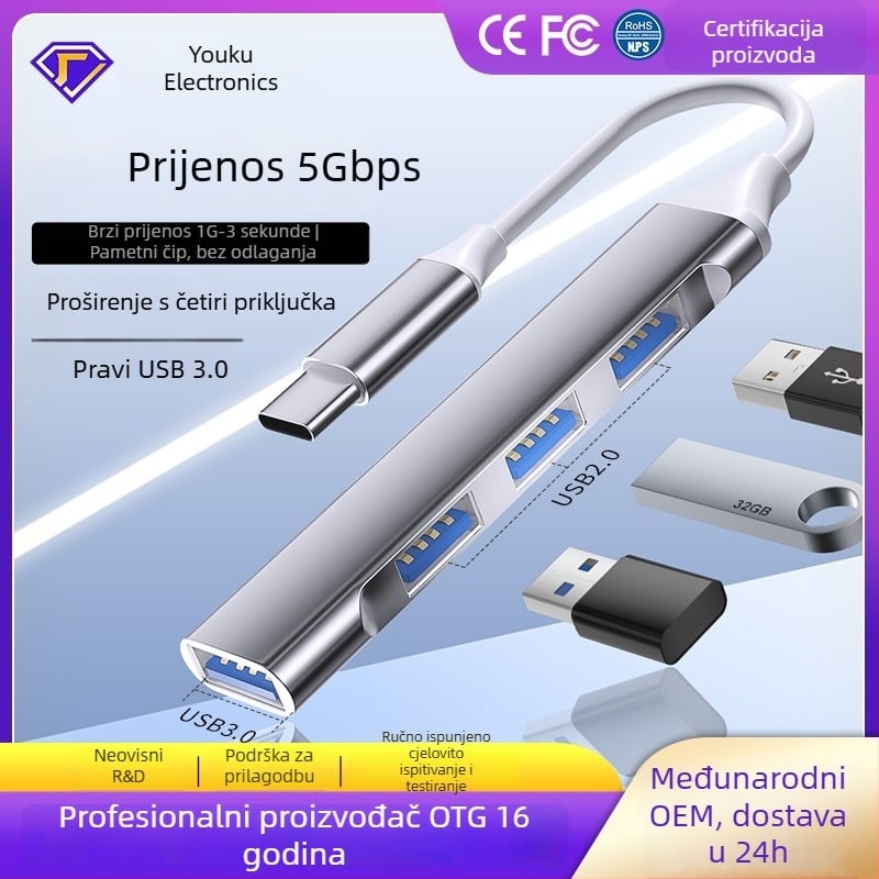 Type-C USB proširivački dok s 4 porta, USB 2.0, napajan putem USB
