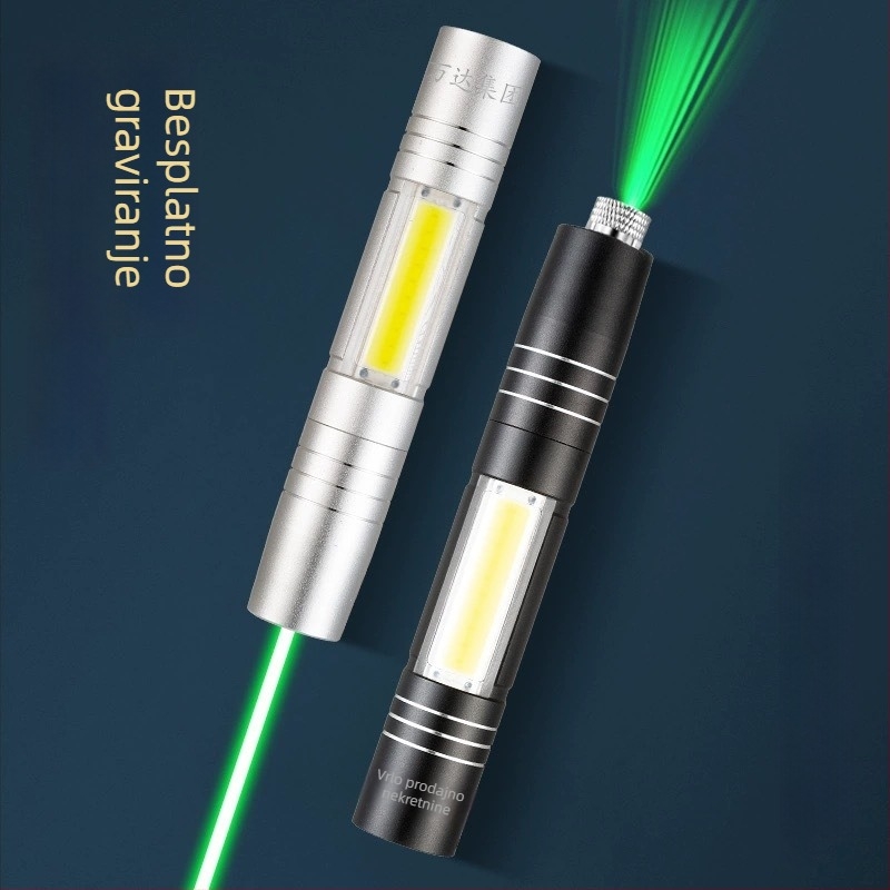Laser pokazivač s COB bočnim svjetlom — aluminijska legura, USB punjiva, otisak logotipa, prilagodba izrade, licencirana privatna marka
