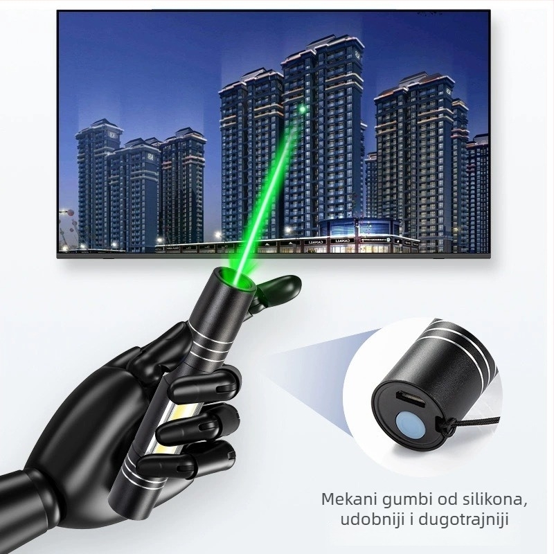 Laser pokazivač s COB bočnim svjetlom — aluminijska legura, USB punjiva, otisak logotipa, prilagodba izrade, licencirana privatna marka