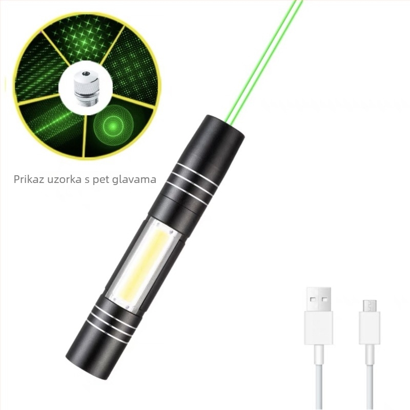 Laser pokazivač s COB bočnim svjetlom — aluminijska legura, USB punjiva, otisak logotipa, prilagodba izrade, licencirana privatna marka