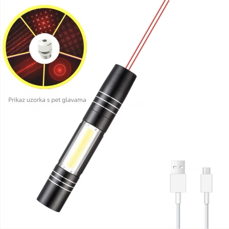 Laser pokazivač s COB bočnim svjetlom — aluminijska legura, USB punjiva, otisak logotipa, prilagodba izrade, licencirana privatna marka