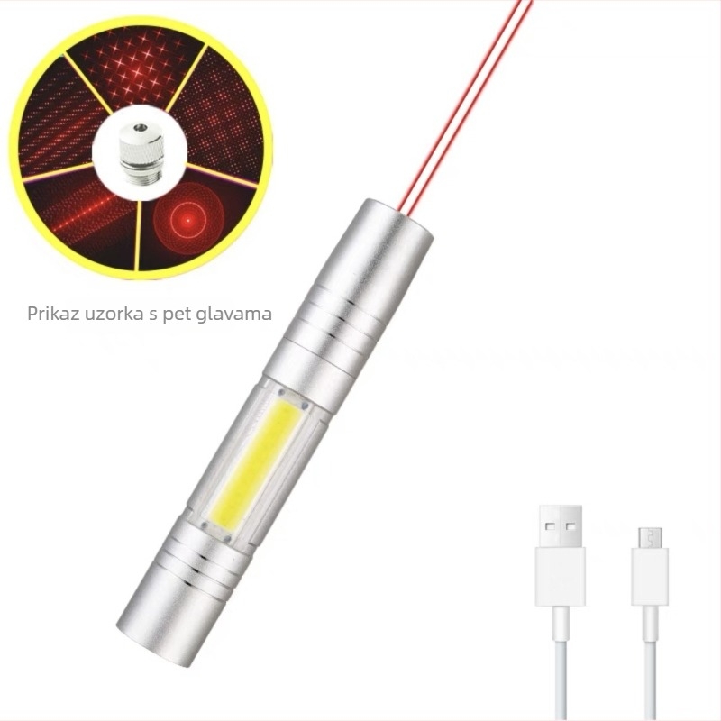 Laser pokazivač s COB bočnim svjetlom — aluminijska legura, USB punjiva, otisak logotipa, prilagodba izrade, licencirana privatna marka