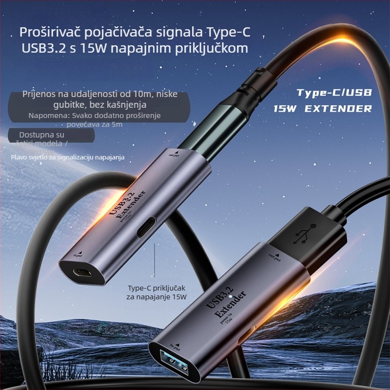 Type-C ženski na USB-A 3.2 signalni extender, USB 3.2 produžni kabel, do 5 m, 15W napajanje