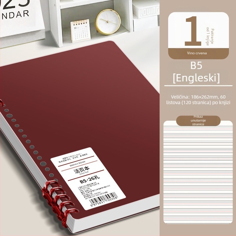 Notes s prstenastim vezanjem, minimalističkog dizajna, papir od drvene celuloze 40 g/m², engleski tekst