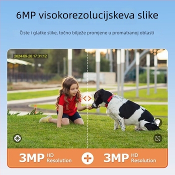 Vanjska bežična kamera s dvostrukim objektivom, solarno napajanje, vodootarna, minimalno osvjetljenje 0.00 lux, SNR > 30, -30°C do +60°C.