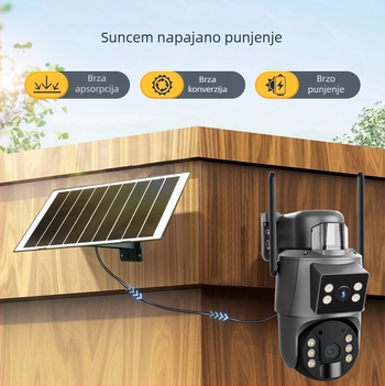 Vanjska bežična kamera s dvostrukim objektivom, solarno napajanje, vodootarna, minimalno osvjetljenje 0.00 lux, SNR > 30, -30°C do +60°C.