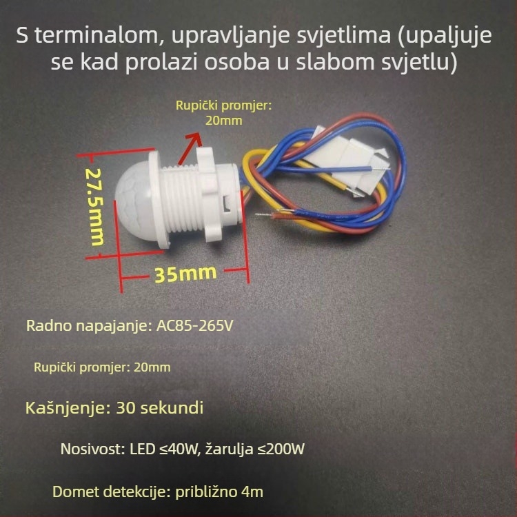 Ugradni infracrveni senzor s detekcijom prisutnosti i dnevnim osvjetljenjem, 85–265V, domet 4 m, kašnjenje 30 s