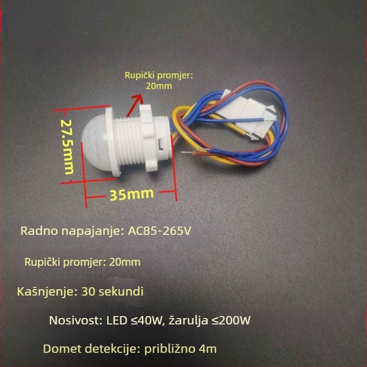 Ugradni infracrveni senzor s detekcijom prisutnosti i dnevnim osvjetljenjem, 85–265V, domet 4 m, kašnjenje 30 s