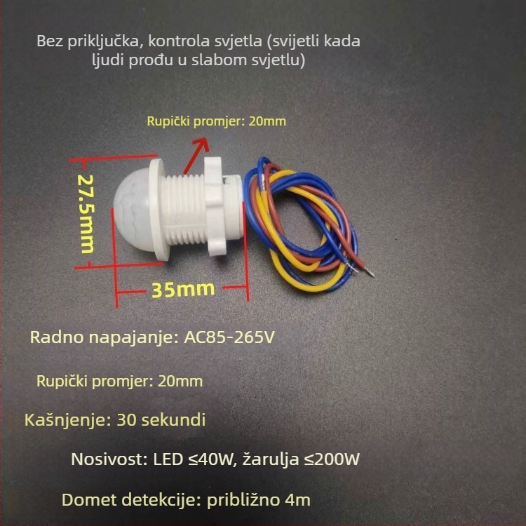 Ugradni infracrveni senzor s detekcijom prisutnosti i dnevnim osvjetljenjem, 85–265V, domet 4 m, kašnjenje 30 s