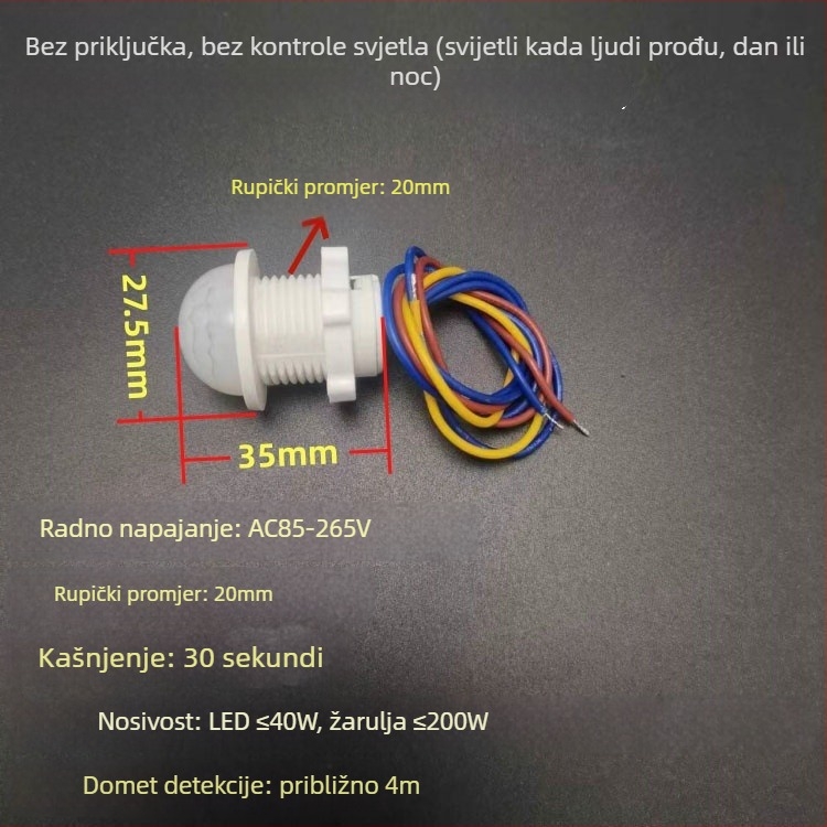 Ugradni infracrveni senzor s detekcijom prisutnosti i dnevnim osvjetljenjem, 85–265V, domet 4 m, kašnjenje 30 s