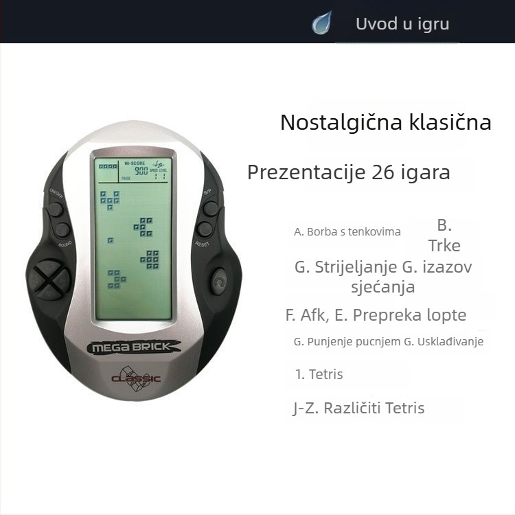 Napajana ručna retro Tetris konzola s pozadinskim osvjetljenjem i velikim zaslonom, za jednog igrača