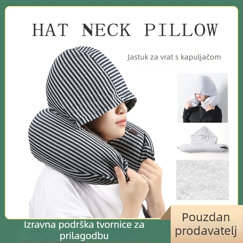 Kapucnasti U-oblikovani putni jastuk za vrat s punjenjem od pjene, pleteni materijal, za odrasle, s odvojivim navlakom