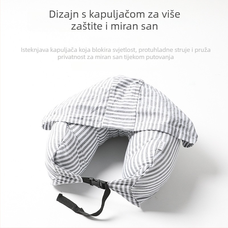 Kapucnasti U-oblikovani putni jastuk za vrat s punjenjem od pjene, pleteni materijal, za odrasle, s odvojivim navlakom