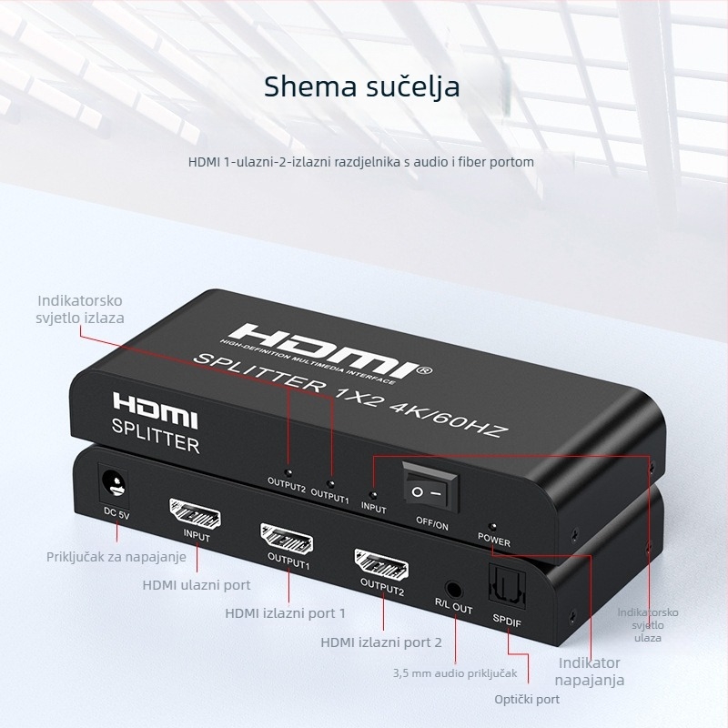 HDMI 2.0 splitter 1x4 sa zvukom i optičkim odvajanjem, 4K60Hz, upravljanje napajanjem