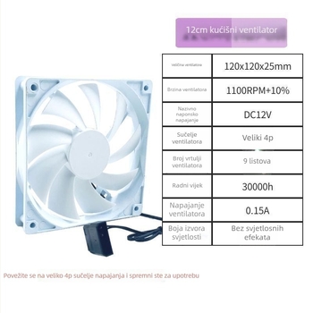 Ventilator kućišta računala, bez LED, tih, hidrauličko ležaje, 4-pin sučelje, 1100 RPM, zračno hlađenje