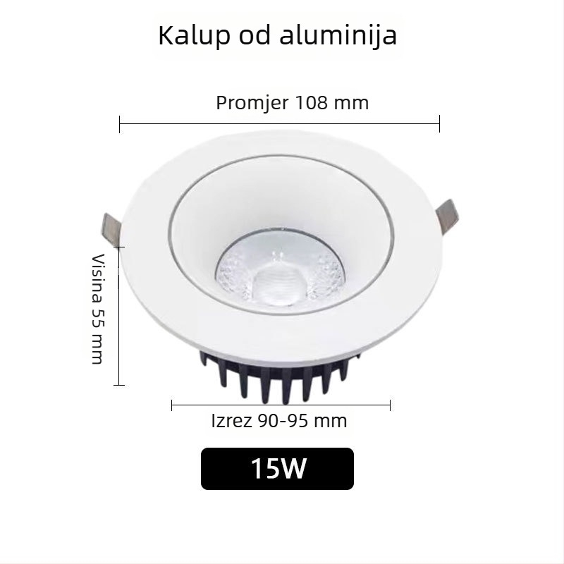 Stropni COB LED reflektor od lijevanog aluminija, ugrađen, moderni minimalistički stil, CRI 80–89, napon ≤36V
