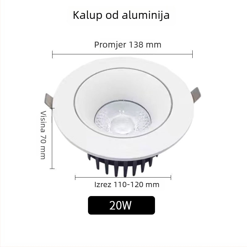 Stropni COB LED reflektor od lijevanog aluminija, ugrađen, moderni minimalistički stil, CRI 80–89, napon ≤36V
