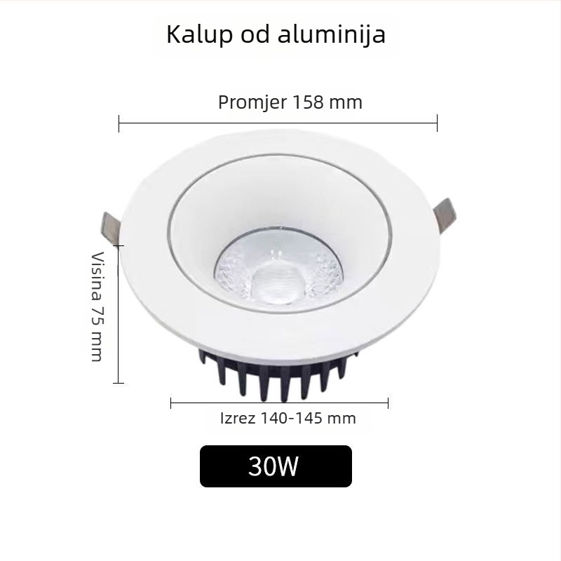 Stropni COB LED reflektor od lijevanog aluminija, ugrađen, moderni minimalistički stil, CRI 80–89, napon ≤36V