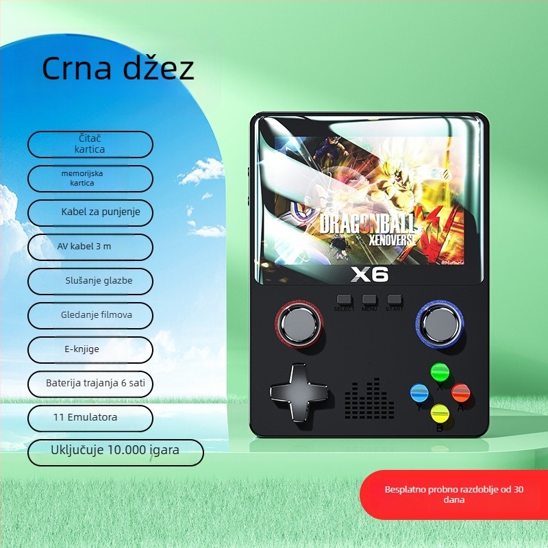 X6 prijenosna igraća konzola s HD velikim zaslonom, PSP-stil dvostruki joystick, emulator s bogatom knjižnicom igara, retro dizajn