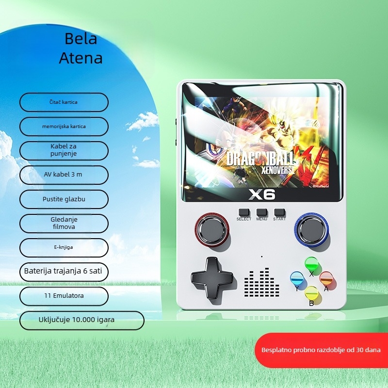 X6 prijenosna igraća konzola s HD velikim zaslonom, PSP-stil dvostruki joystick, emulator s bogatom knjižnicom igara, retro dizajn