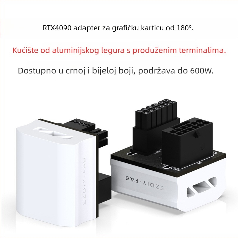 12-pinski usmjeravajući dio za napajanje RTX4090 grafičke kartice, 16-pin 12+4P, 180° zavoj, ABS materijal