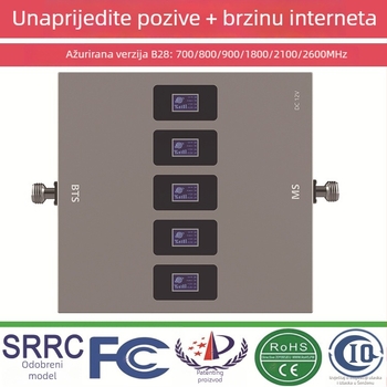 Amplifikator signala za mobilni telefon, petbandni, za unutarnju upotrebu, pokrivenost 100–1000 m², podržava 2G/3G/4G/5G, model Sty-gsm/dcs 900-1800