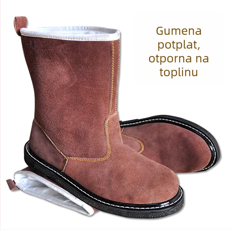 Zaštitne cipele s gornjim dijelom od teleće kože i gumom potplata; visoki gornji dio; otporne na visoke temperature i probijanje, otporne na ulje; prozračne; uporaba: lijevanje, obrada, prašina; marka Tenganda
