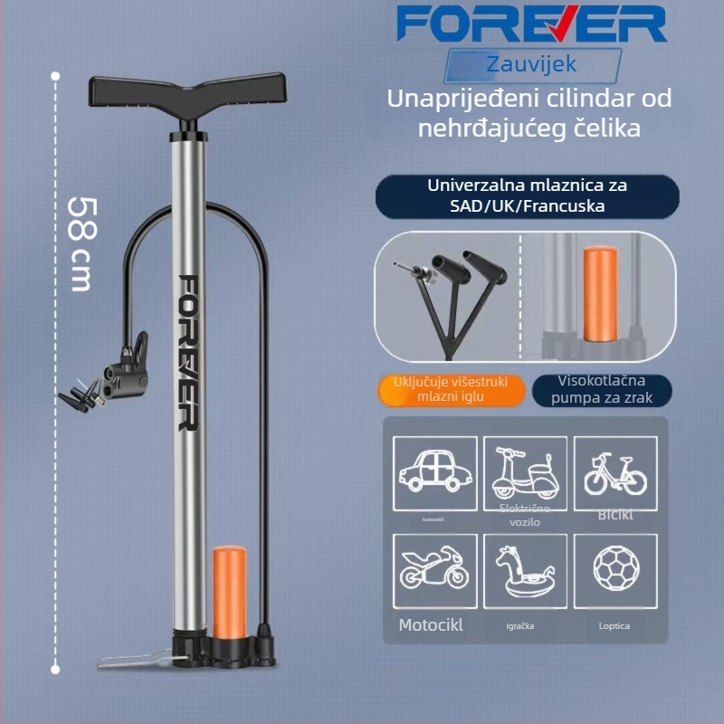 Visokotlašna ručna pumpa za bicikl, e-bike, motocikl, automobil, kućnu upotrebu i košarku – višenamjenska