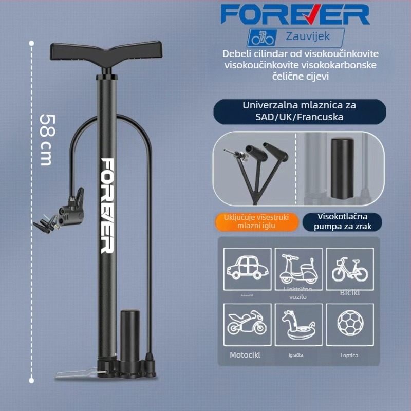 Visokotlašna ručna pumpa za bicikl, e-bike, motocikl, automobil, kućnu upotrebu i košarku – višenamjenska