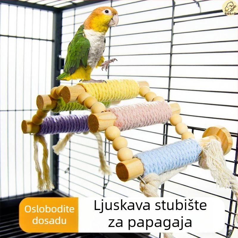 Papagajski penjački ljestvica — masivno drvo s konopnim užetom, makaron dizajn — Dodatak za ptičice za odrasle