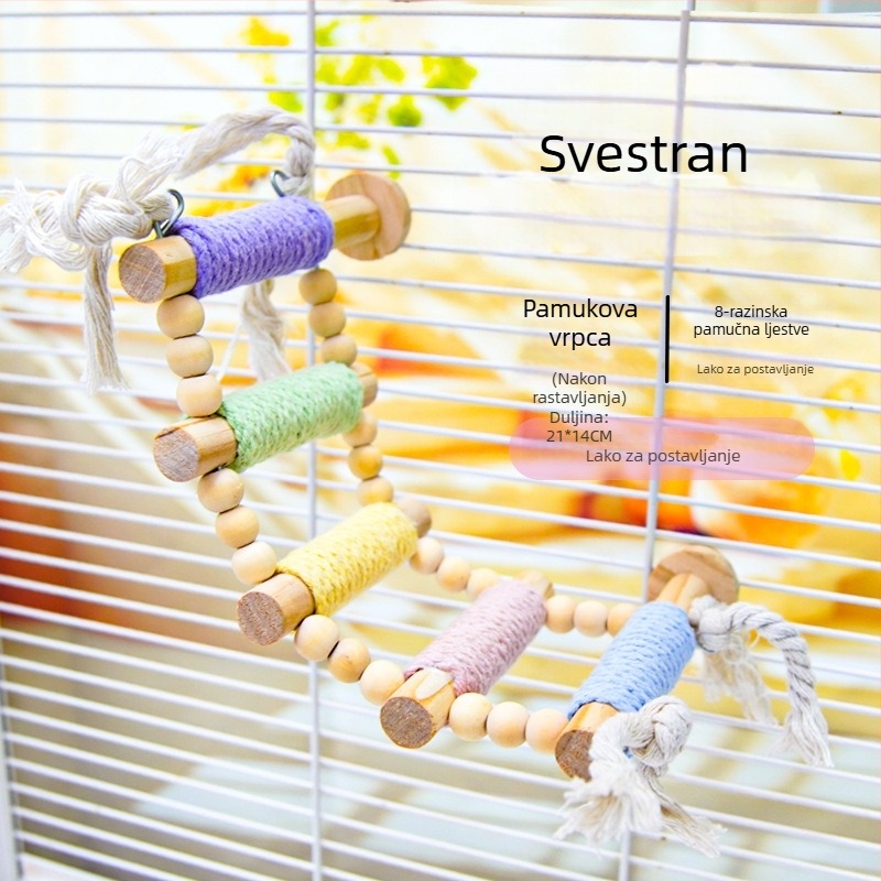 Papagajski penjački ljestvica — masivno drvo s konopnim užetom, makaron dizajn — Dodatak za ptičice za odrasle