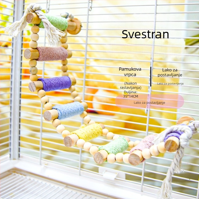 Papagajski penjački ljestvica — masivno drvo s konopnim užetom, makaron dizajn — Dodatak za ptičice za odrasle