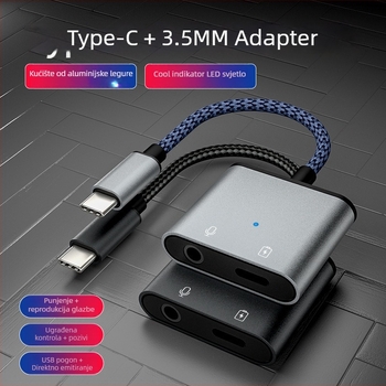 Type-C audio adapter s 3,5 mm priključkom, 2-in-1 spojnik za slušalice, Android kompatibilan, U-Shield, 60W