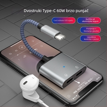 Type-C audio adapter s 3,5 mm priključkom, 2-in-1 spojnik za slušalice, Android kompatibilan, U-Shield, 60W