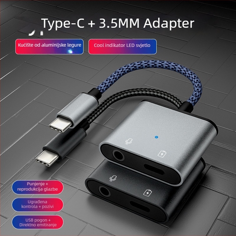 Type-C audio adapter s 3,5 mm priključkom, 2-in-1 spojnik za slušalice, Android kompatibilan, U-Shield, 60W