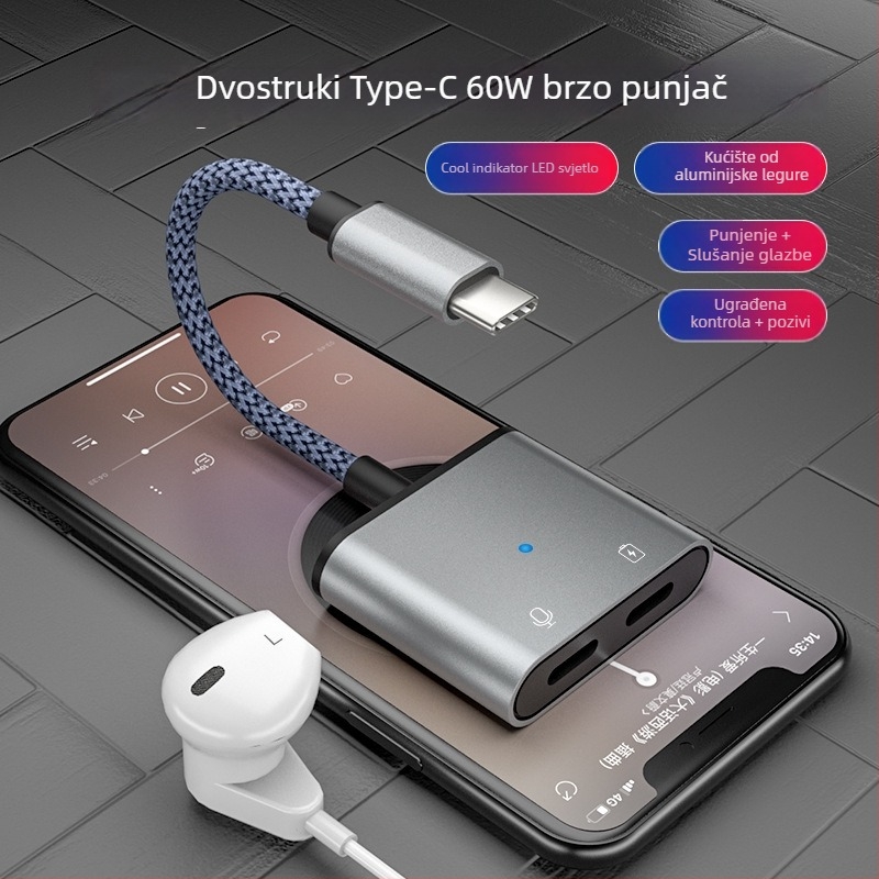 Type-C audio adapter s 3,5 mm priključkom, 2-in-1 spojnik za slušalice, Android kompatibilan, U-Shield, 60W