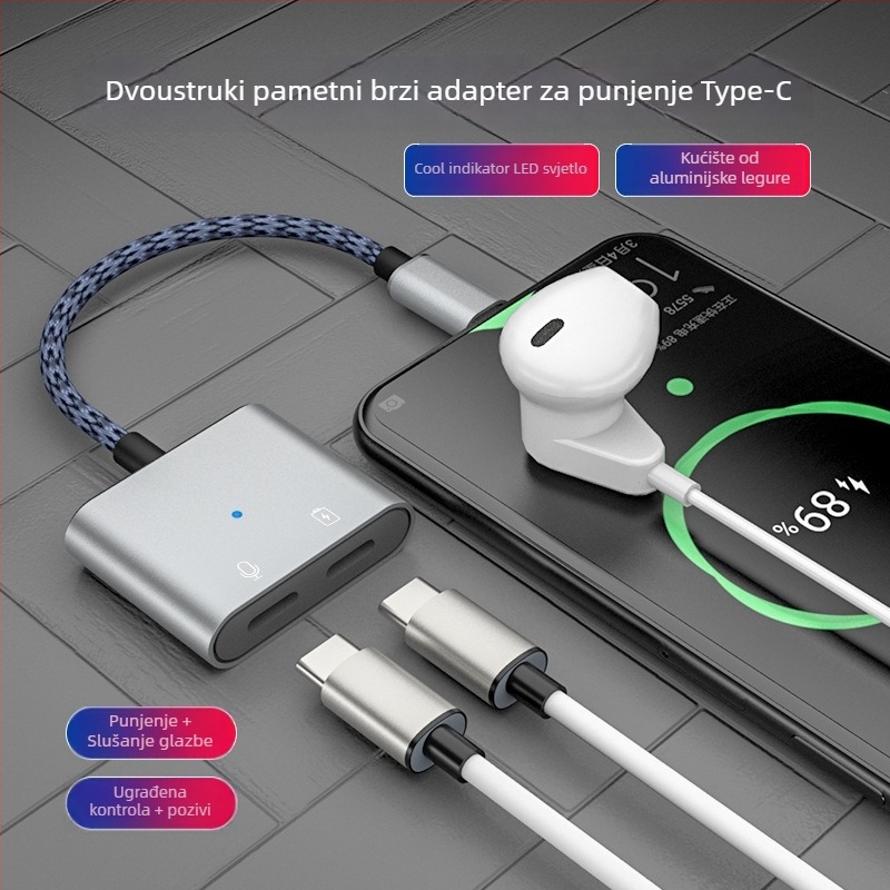 Type-C audio adapter s 3,5 mm priključkom, 2-in-1 spojnik za slušalice, Android kompatibilan, U-Shield, 60W